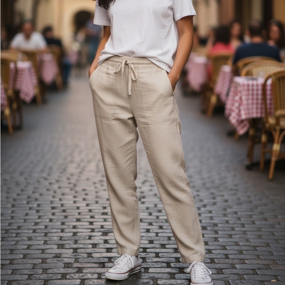 Tommy Hilfiger Cream Linen Pull On Ribbed Stretch Side Lounge Pant Size 4